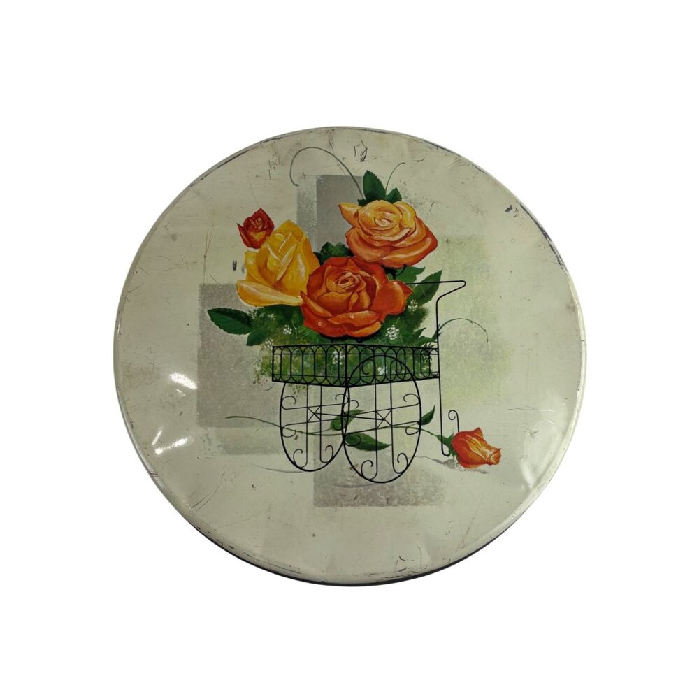 Vintage 50s Metal Tin Round Floral Cart Of Roses Decorative Storage Container - Picture 2 of 14